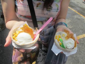 Coconut ice cream with pineapple and corn, at Chatuchak Weekend Market
