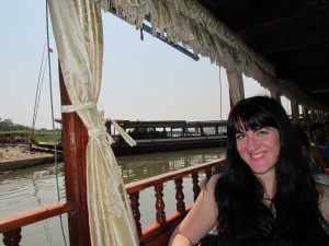 Kristina on the boat in Laos
