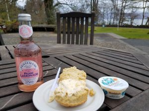 Perfect snack: scone and rose lemonade, at Armadale Castle